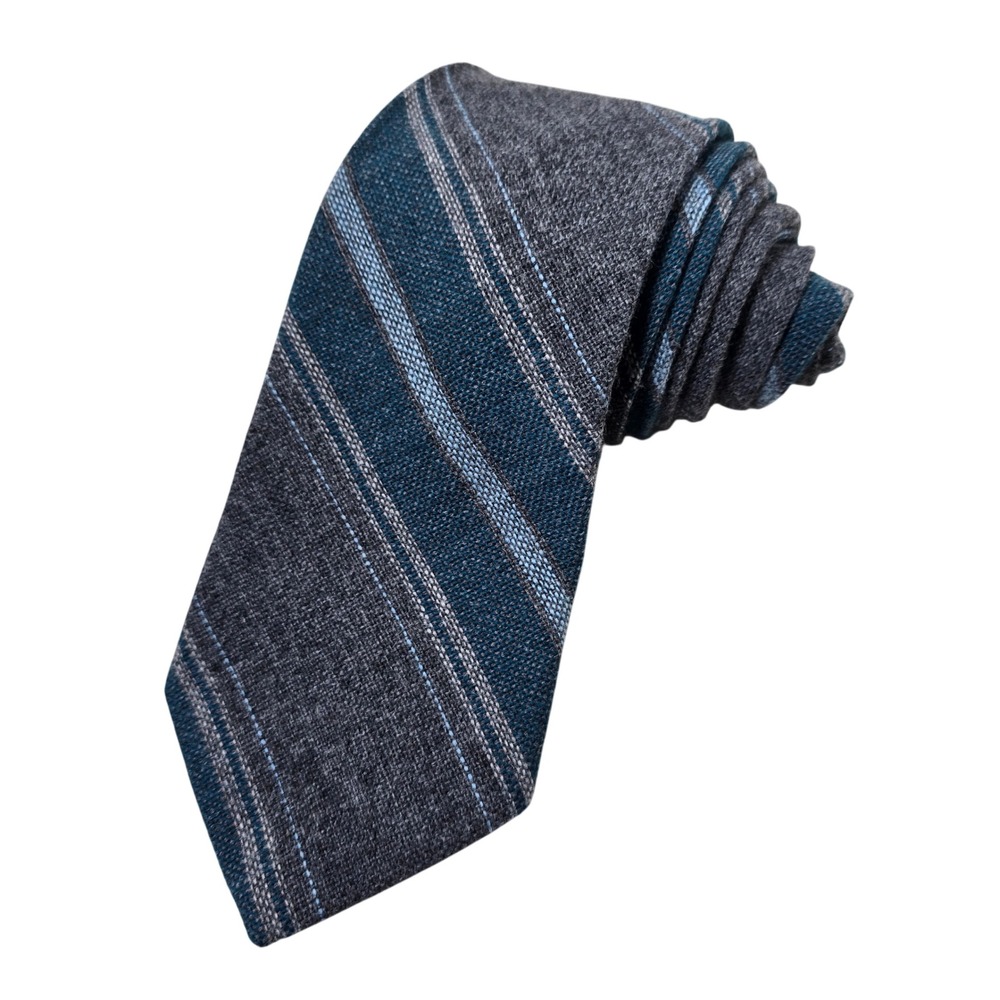 Vintage Woolcrofter Wembley Necktie Mens OS Grey Teal Striped Wool Blend Tie 56"